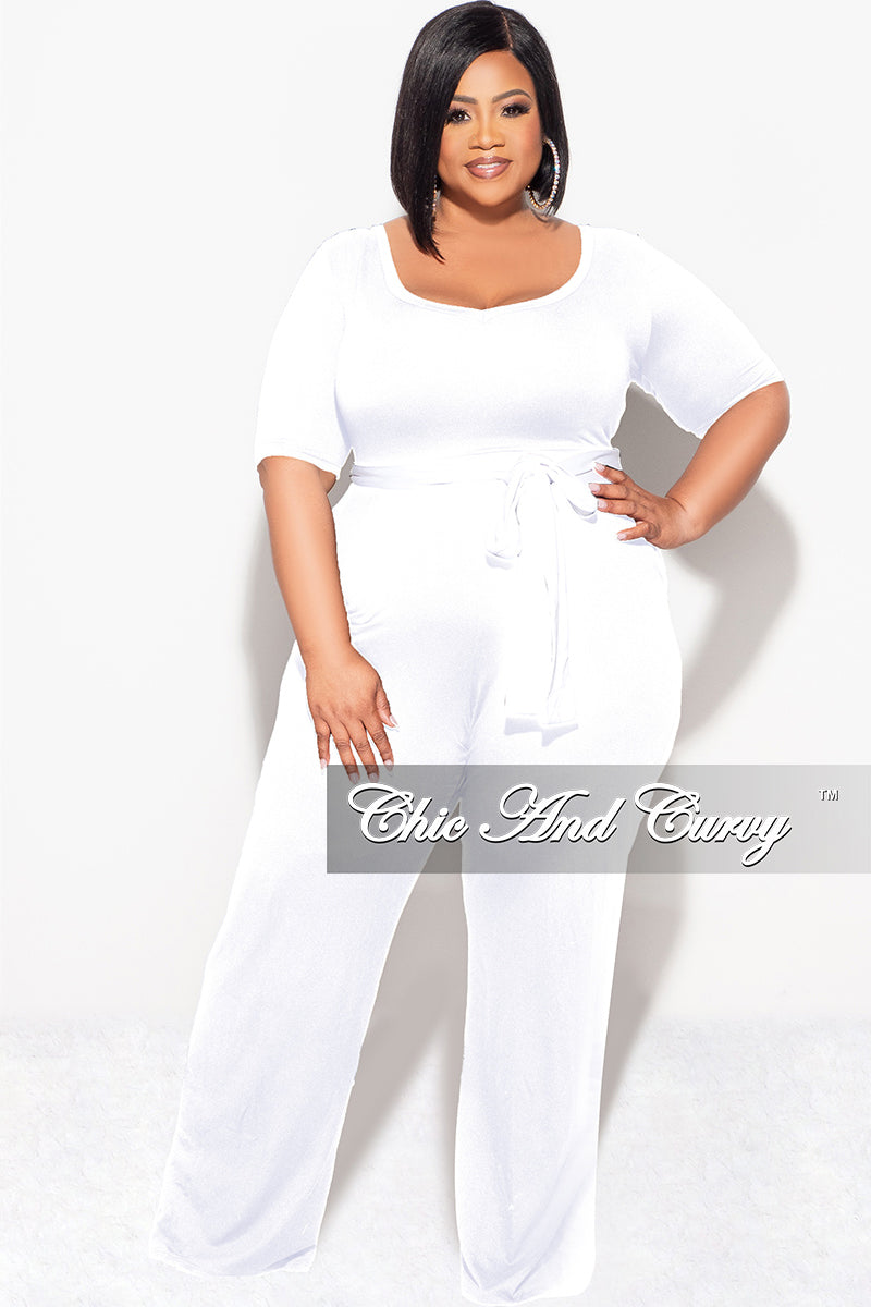 Final Sale Plus Jumpsuit with Tie in White