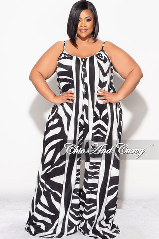 Final Sale Plus Size Jumpsuit with Spaghetti Straps & Ruffled Ankles in Black and White