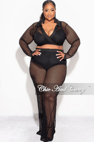 Final Sale Plus Size 2pc Fishnet Faux Wrap Tie Top and Pants Set in Black