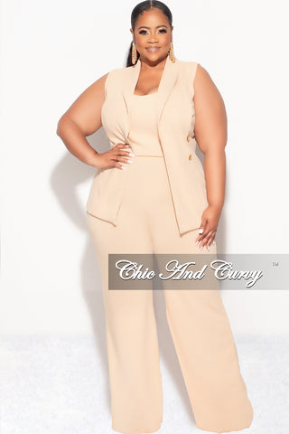 Final Sale Plus Size 3pc Sleeveless Blazer Vest and Pants Set in Tan