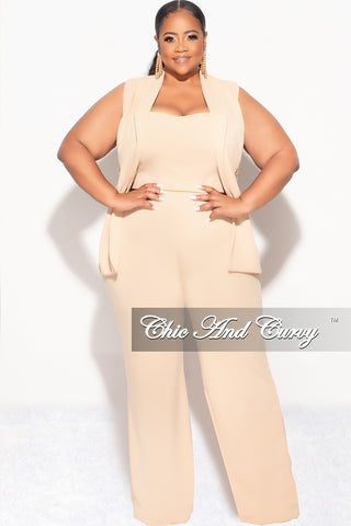 Final Sale Plus Size 3pc Sleeveless Blazer Vest and Pants Set in Tan