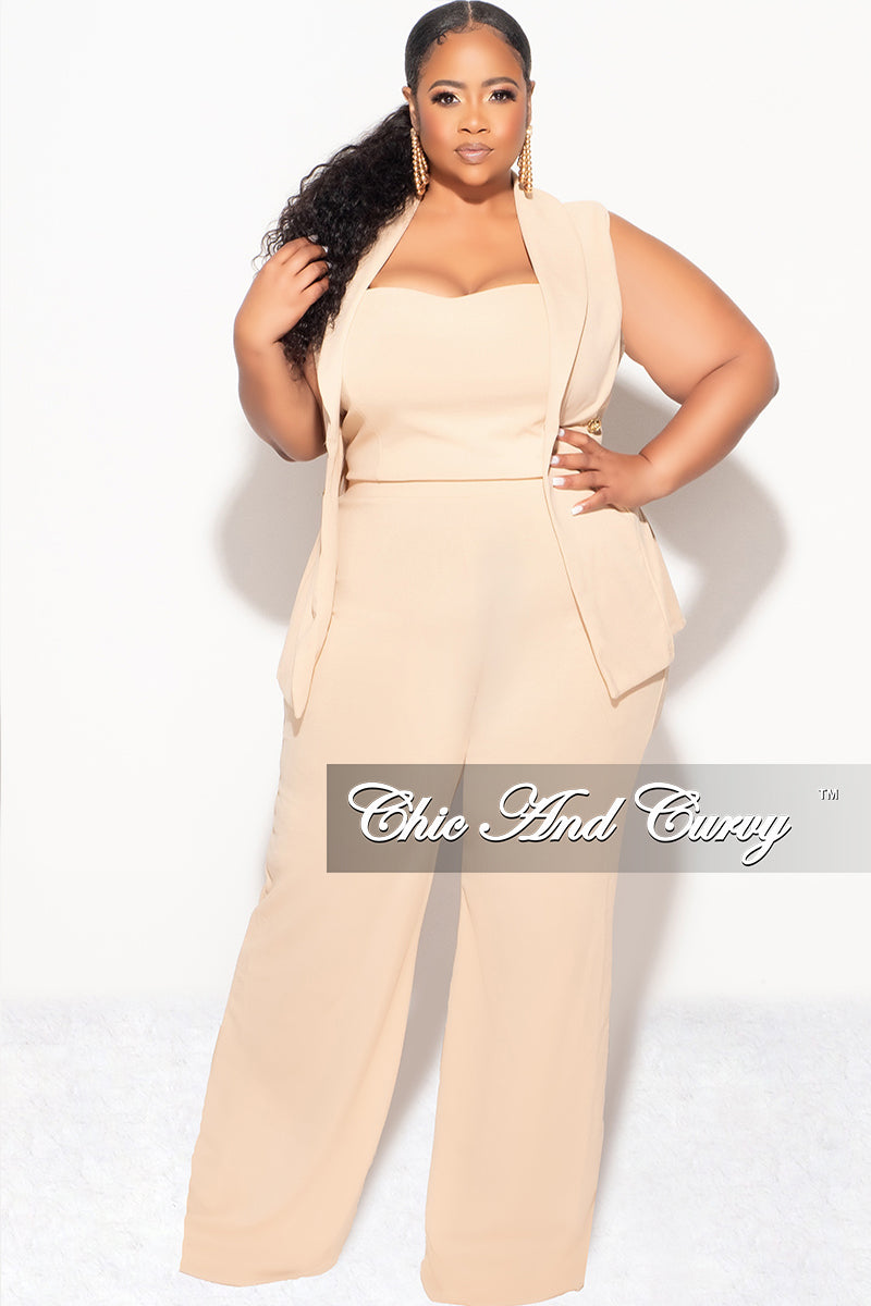 Final Sale Plus Size 3pc Sleeveless Blazer Vest and Pants Set in Tan