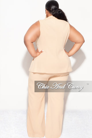 Final Sale Plus Size 3pc Sleeveless Blazer Vest and Pants Set in Tan