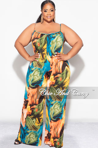 Final Sale Plus Size Spaghetti Straps Jumpsuit in Turquoise Olive and Orange