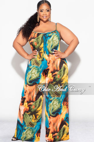 Final Sale Plus Size Spaghetti Straps Jumpsuit in Turquoise Olive and Orange