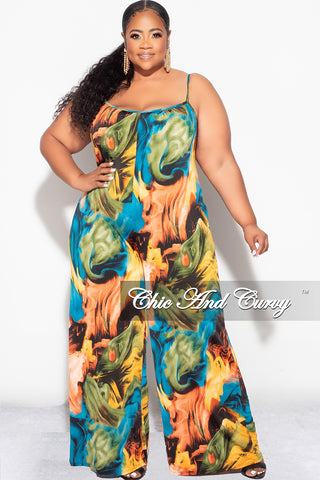 Final Sale Plus Size Spaghetti Straps Jumpsuit in Turquoise Olive and Orange