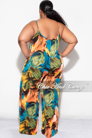 Final Sale Plus Size Spaghetti Straps Jumpsuit in Turquoise Olive and Orange