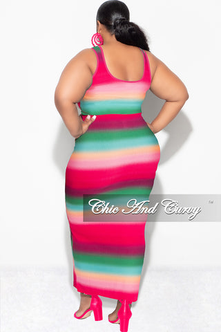 Final Sale Plus Size Ribbed 2pc Crop Drawstring Top and Pencil Skirt in Fuchsia Green and Orange