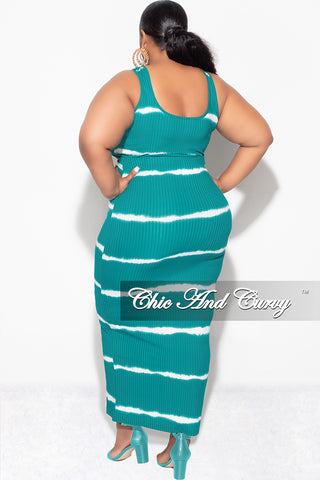 Final Sale Plus Size Ribbed 2pc Crop Drawstring Top and Pencil Skirt Set in Green and White Stripe Print