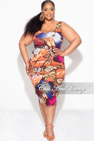 Final Sale Plus Size Sleeveless BodyCon Dress in Brown Multi Color Butterfly Print