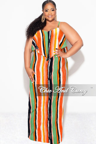 Final Sale Plus Size Maxi Dress with Spaghetti Straps & Overlay Ruffle in Multi-Color Vertical Stripes