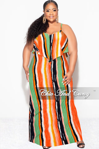 Final Sale Plus Size Maxi Dress with Spaghetti Straps & Overlay Ruffle in Multi-Color Vertical Stripes