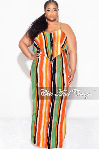 Final Sale Plus Size Maxi Dress with Spaghetti Straps & Overlay Ruffle in Multi-Color Vertical Stripes