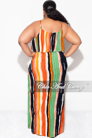 Final Sale Plus Size Maxi Dress with Spaghetti Straps & Overlay Ruffle in Multi-Color Vertical Stripes