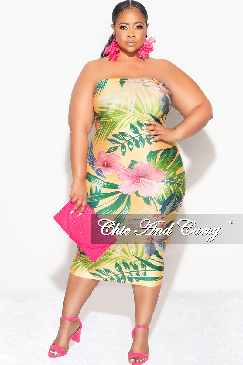 Final Sale Plus Size Strapless Tube BodyCon Dress in Yellow Tropical Flower Print