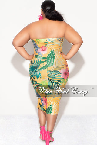 Final Sale Plus Size Strapless Tube BodyCon Dress in Yellow Tropical Flower Print