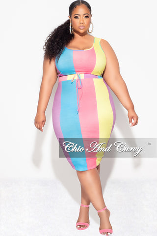 Final Sale Plus Size Ribbed 2pc Crop Drawstring Top and Pencil Skirt Set in Pink & Blue MultiColor Stripe Print