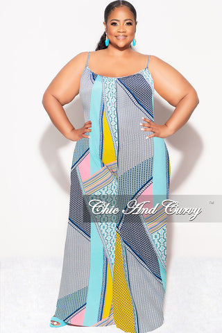 Final Sale Plus Size Spaghetti Straps Jumpsuit in Yellow, Pink & Aqua Multi-Color Print