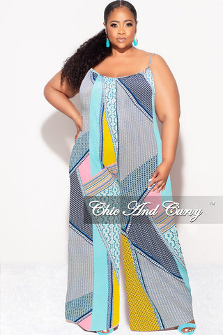 Final Sale Plus Size Spaghetti Straps Jumpsuit in Yellow, Pink & Aqua Multi-Color Print