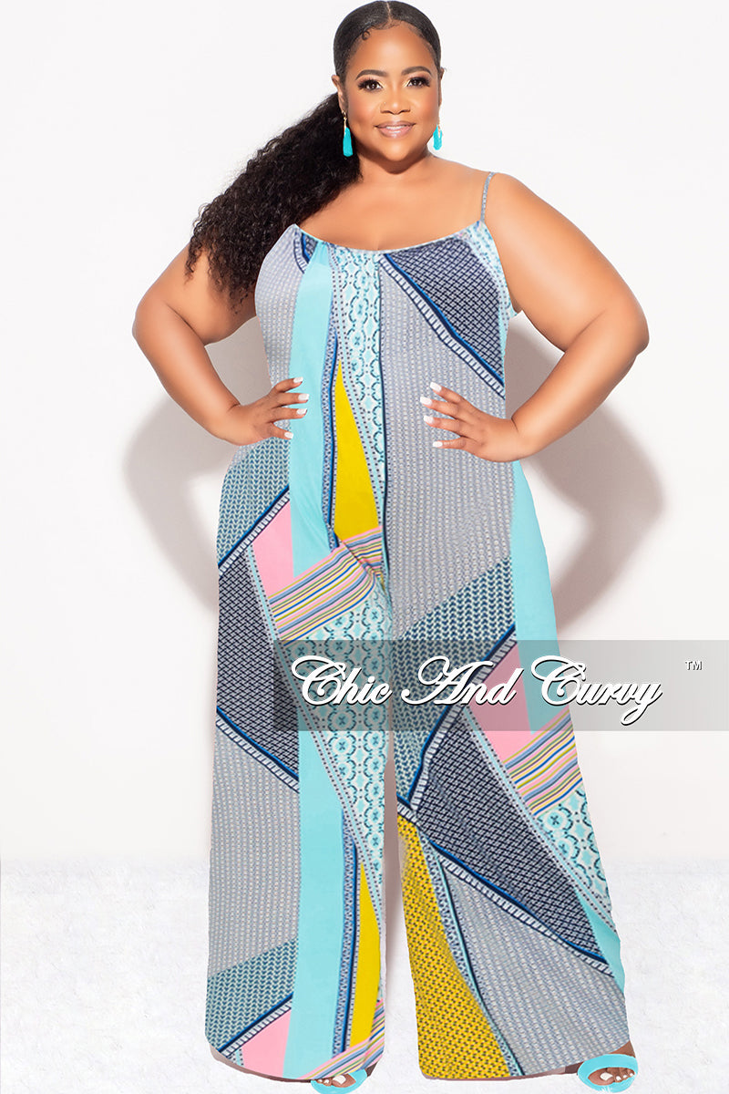 Final Sale Plus Size Spaghetti Straps Jumpsuit in Yellow, Pink & Aqua Multi-Color Print