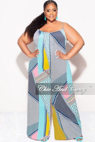 Final Sale Plus Size Spaghetti Straps Jumpsuit in Yellow, Pink & Aqua Multi-Color Print