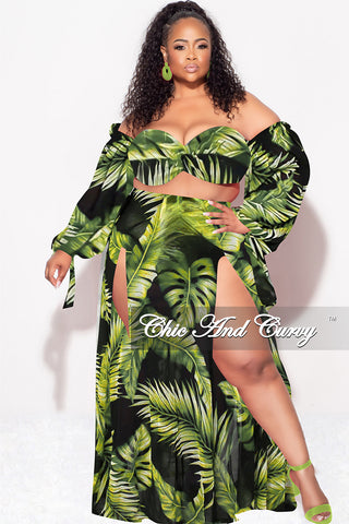 Final Sale Plus Size 3pc Playsuit Set in Navy with Olive Tropical Palm Print