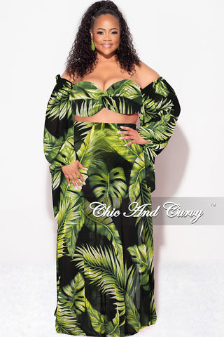 Final Sale Plus Size 3pc Playsuit Set in Navy with Olive Tropical Palm Print