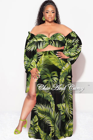 Final Sale Plus Size 3pc Playsuit Set in Navy with Olive Tropical Palm Print