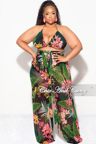 Final Sale Plus Size 3pc Poolside Playsuit (Bikini Top, High Waist Bottoms & Pants) Set in Black & Pink Floral Print Queen