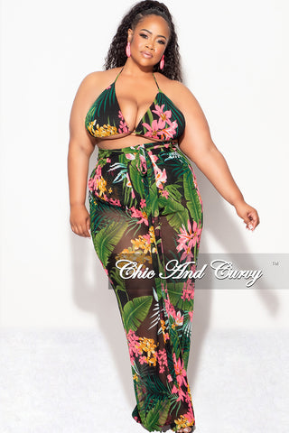 Final Sale Plus Size 3pc Poolside Playsuit (Bikini Top, High Waist Bottoms & Pants) Set in Black & Pink Floral Print Queen