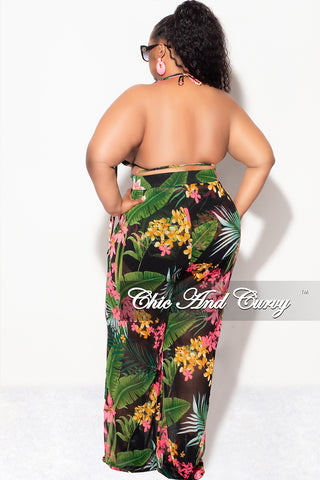 Final Sale Plus Size 3pc Poolside Playsuit (Bikini Top, High Waist Bottoms & Pants) Set in Black & Pink Floral Print Queen