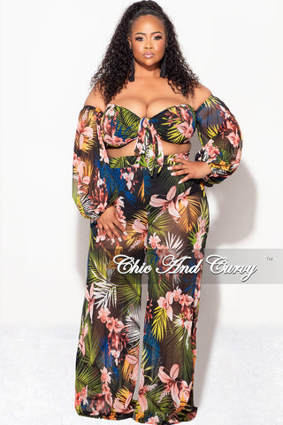 Final Sale Plus Size 2 Piece Mesh Set with Off the Shoulder Top & Pants Tropical Print