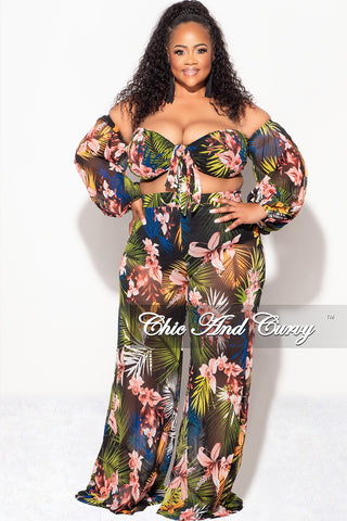 Final Sale Plus Size 2 Piece Mesh Set with Off the Shoulder Top & Pants Tropical Print