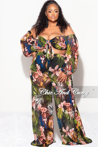 Final Sale Plus Size 2 Piece Mesh Set with Off the Shoulder Top & Pants Tropical Print