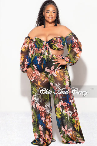 Final Sale Plus Size 2 Piece Mesh Set with Off the Shoulder Top & Pants Tropical Print