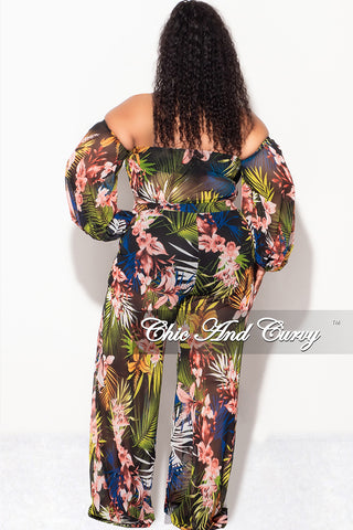 Final Sale Plus Size 2 Piece Mesh Set with Off the Shoulder Top & Pants Tropical Print