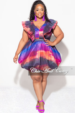 Final Sale Plus Size Ruffle Trim Babydoll Bubble Dress with Cutout Back in Multi-Color Print