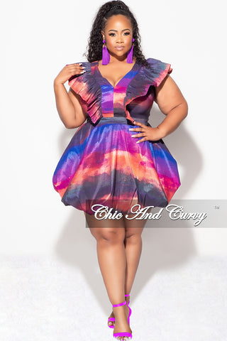 Final Sale Plus Size Ruffle Trim Babydoll Bubble Dress with Cutout Back in Multi-Color Print