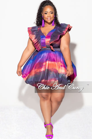 Final Sale Plus Size Ruffle Trim Babydoll Bubble Dress with Cutout Back in Multi-Color Print