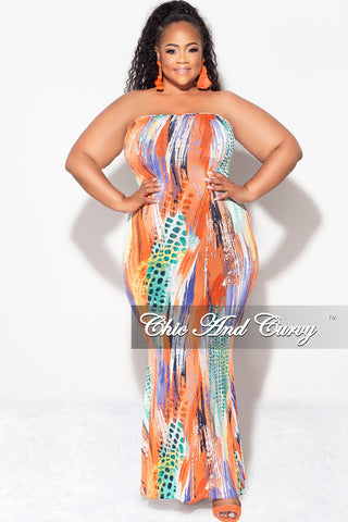 Final Sale Plus Size Strapless Tube BodyCon Dress in Orange Multi Color Print