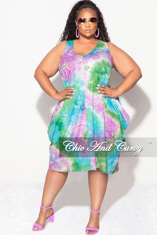 Final Sale Plus Size Sleeveless Bubble Dress in Green Blue and Purple Tie Dye