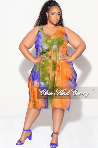 Final Sale Plus Size Sleeveless Bubble Dress in Olive Orange and Purple Tie Dye