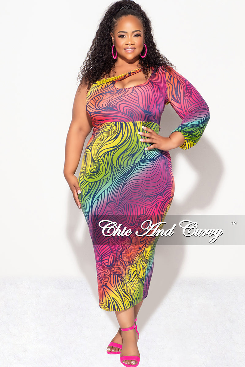 Final Sale Plus Size One Shoulder Midi Dress in Fuchsia Yellow and Green Design Print