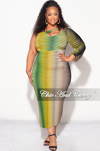 Final Sale Plus Size Long Sleeve Cut Out Midi Dress in Green Tan Mustard and Black