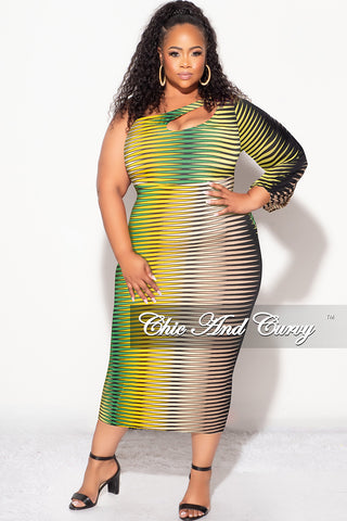 Final Sale Plus Size Long Sleeve Cut Out Midi Dress in Green Tan Mustard and Black