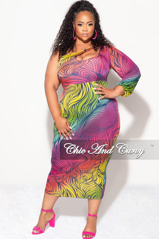 Final Sale Plus Size One Shoulder Midi Dress in Fuchsia Yellow and Green Design Print