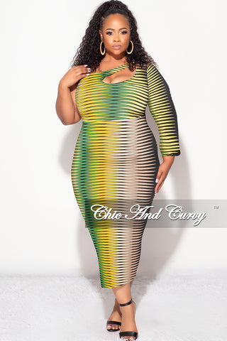 Final Sale Plus Size Long Sleeve Cut Out Midi Dress in Green Tan Mustard and Black