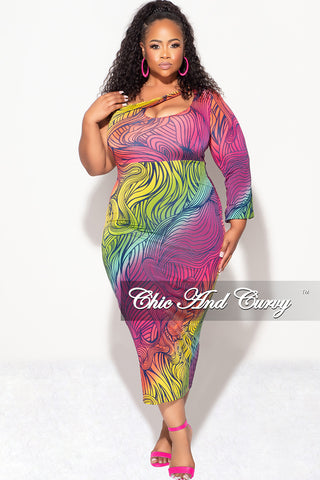 Final Sale Plus Size One Shoulder Midi Dress in Fuchsia Yellow and Green Design Print