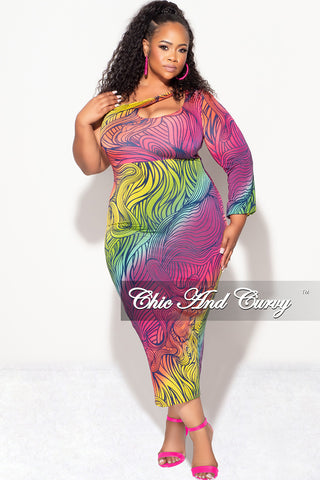 Final Sale Plus Size One Shoulder Midi Dress in Fuchsia Yellow and Green Design Print