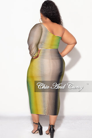 Final Sale Plus Size Long Sleeve Cut Out Midi Dress in Green Tan Mustard and Black